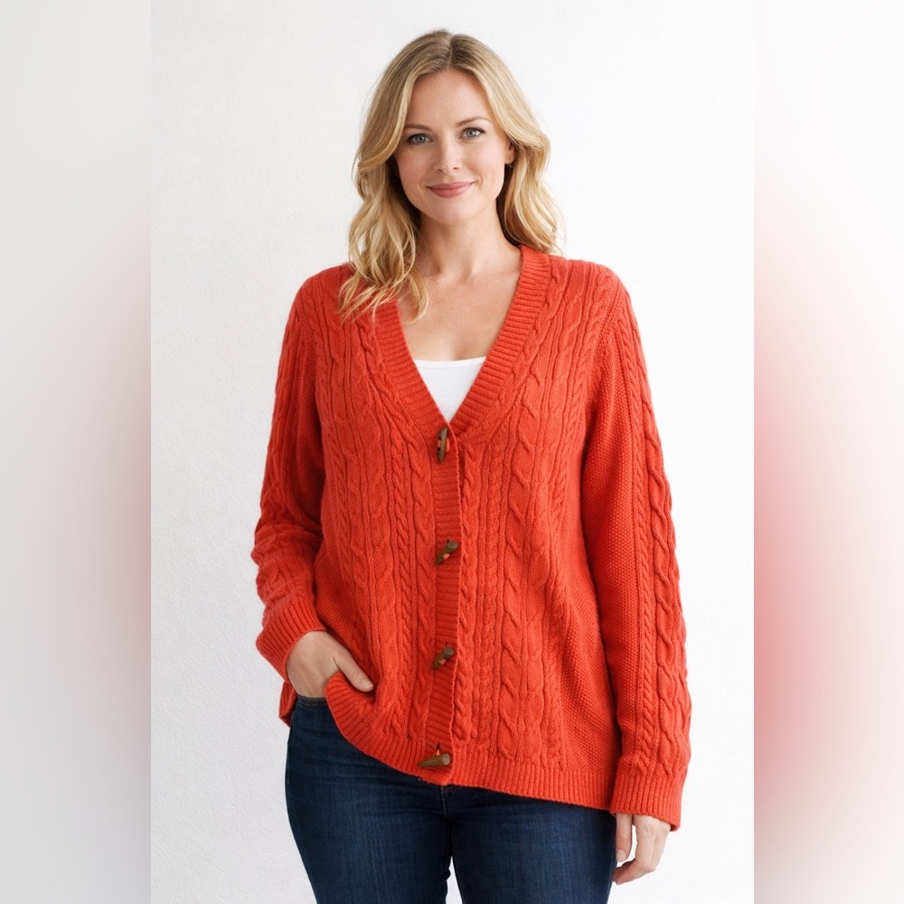 Talbots Orange‎ Cotton Cable Knit V-Neck Toggle Button Cardigan Sweater Sz. 2X